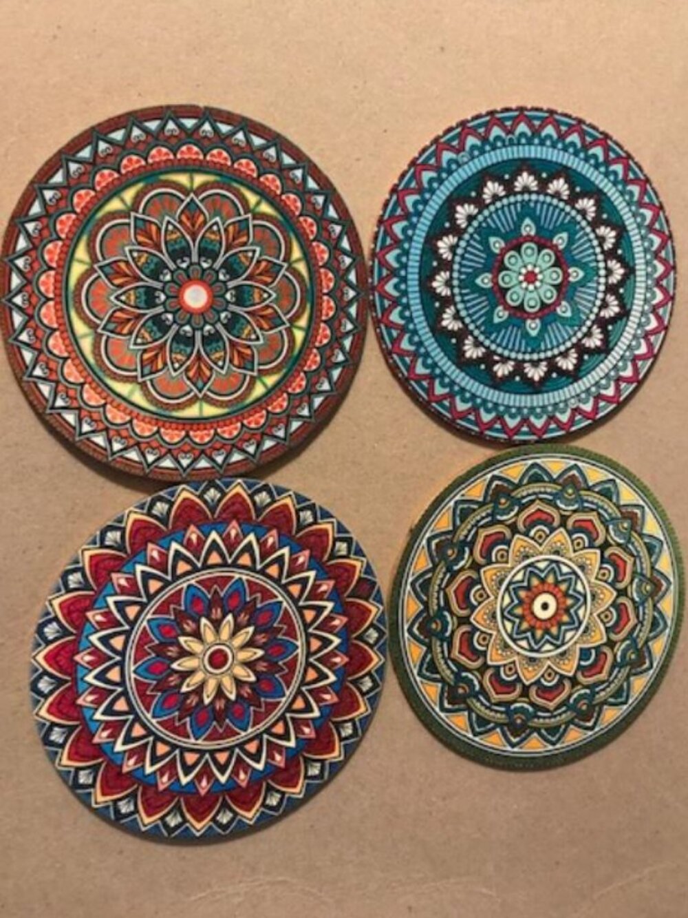 Wooden 4 pc Mixed Mandala Coaster Set Lotus Geometric Pattern India 109